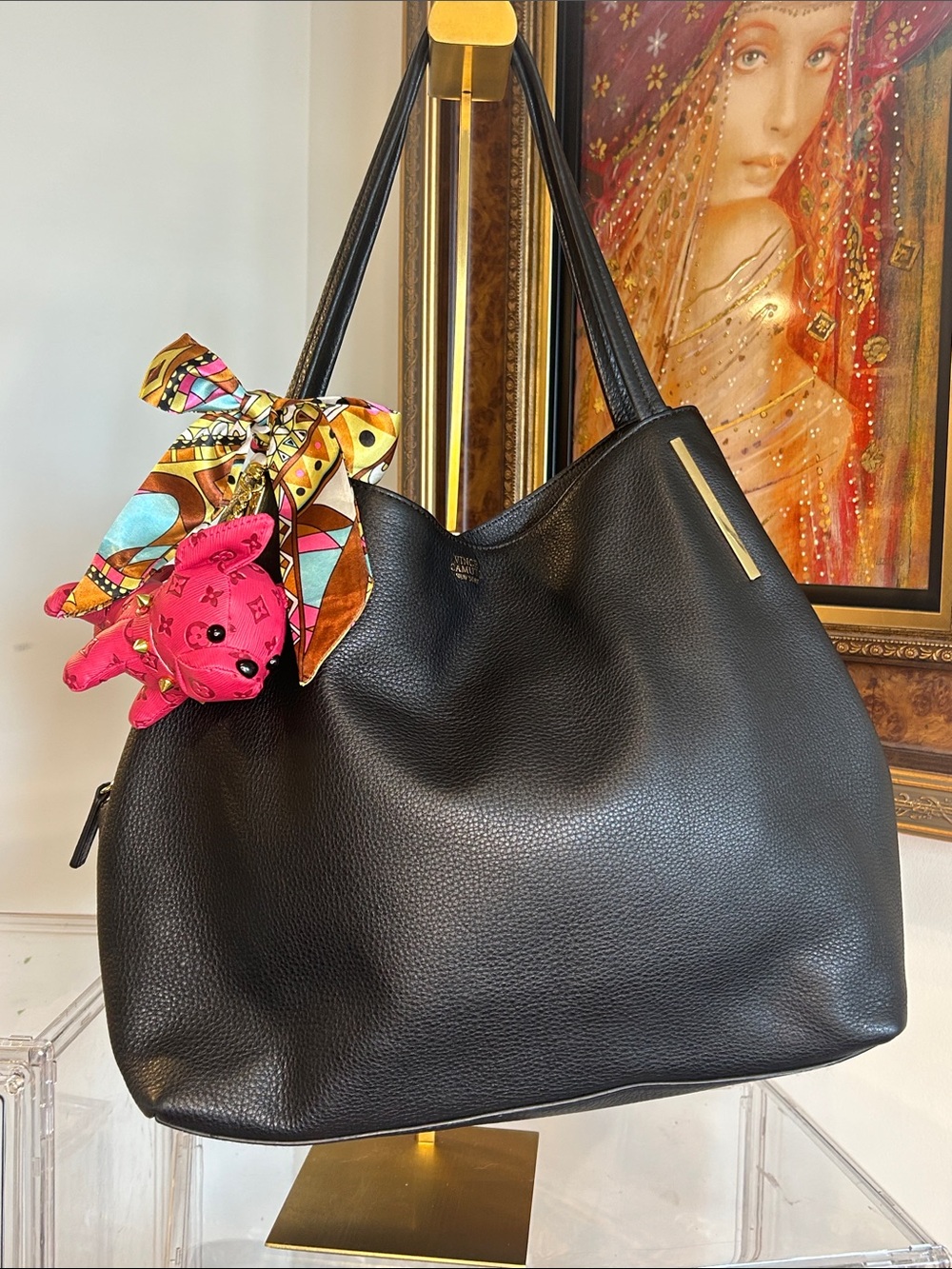 Vince Camuto Black Pebbled Leather Shoulder Bag with Pink Dog Scarf Charm EUC